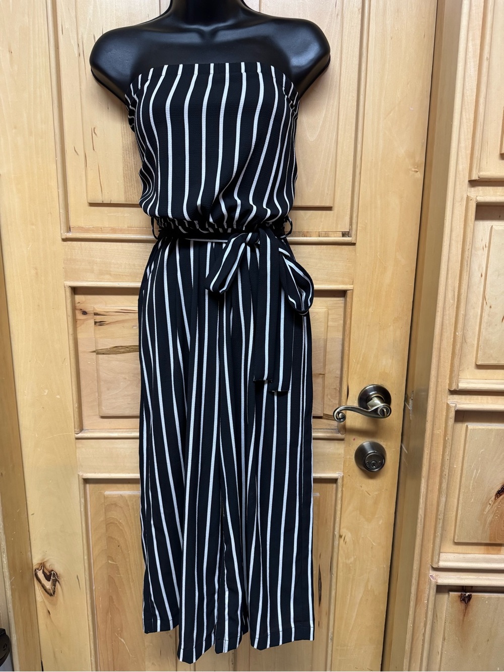 Ambiance Black & White Strapless Vertical-Stripe Jumpsuit with Waist Tie